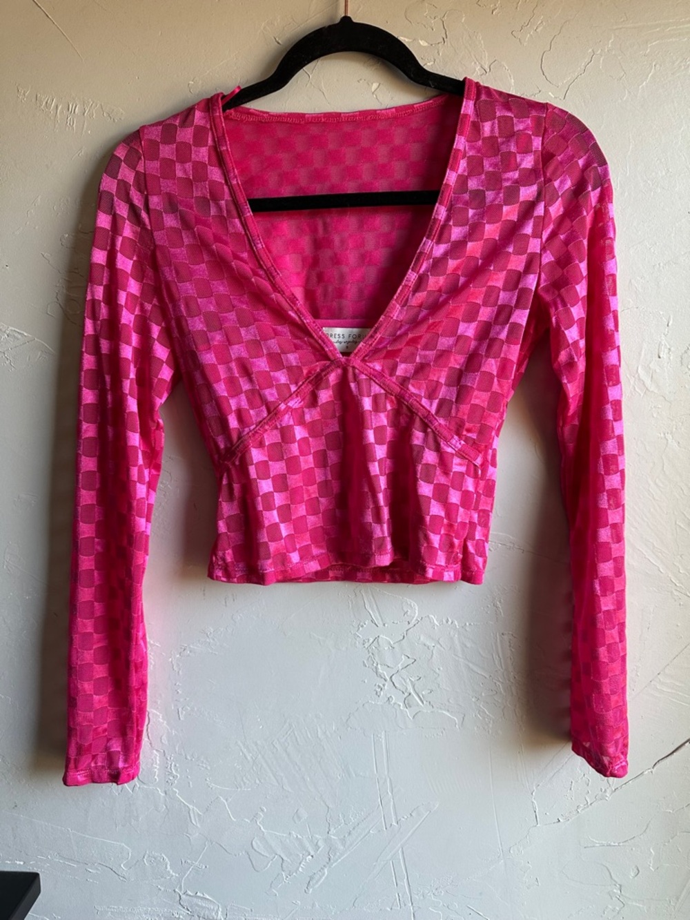 Dress Forum Pink Checker Mesh Top Y2K Coquette‎ Sheer Baby Tee Indie Sleaze S